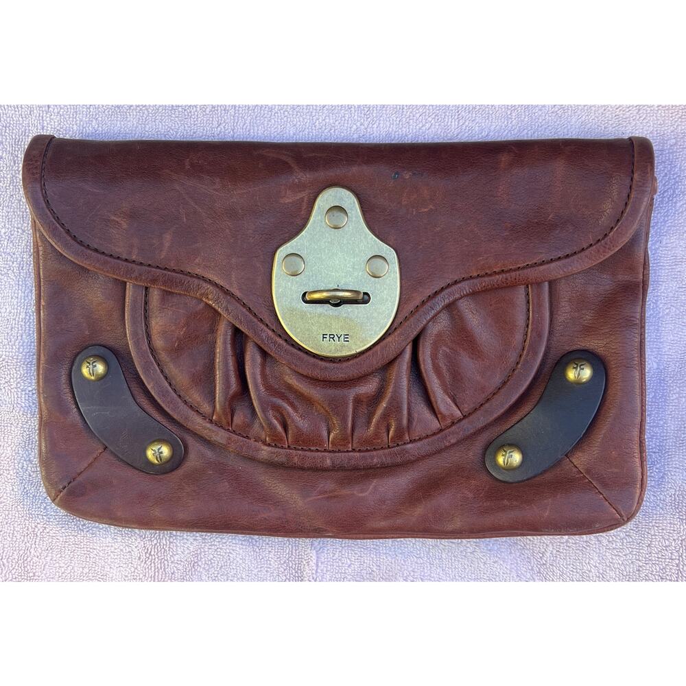 Frye Vintage Leather Clutch Brown Brass Logo Lock Hardware